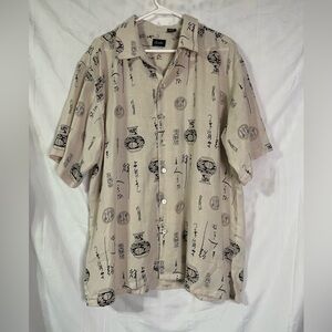 Men's Beige Graphic Button Down Shirt. L